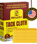 Box of High Performance Dust Removal Cloths with badge, stack of yellow tack cloths beside, Premium Tack Cloth Pack of 144 for Woodworking and Painting
