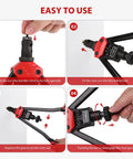 Pro Grade 16 Inch Rivet Nut Tool Kit With 200 Zinc Plated Nutserts 15 Interchangeable Mandrels shown in use steps 1-4