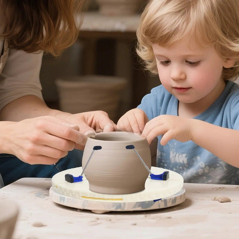Child using 12 Inch Pottery Turntable Clamp For Ceramics, Adjustable 2 To 12 Inch Trimming Spinner, with adult assistance.