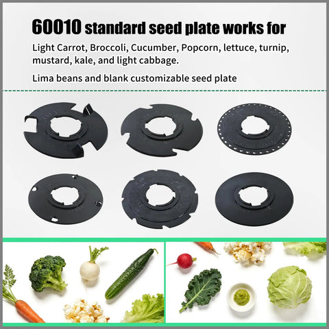 Seed Plate Set 60009 and 60010 for Garden Seeder, 12 Pack shown with vegetables for use with standard seeder tray
