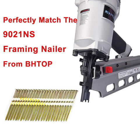 Rugged 3 Inch Framing Nails For 21 Degree Framing Nailer Smooth Shank Plastic Collated 1000 Count Box shown with nailer