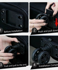 Rolling duffle bag wheel mounting plate; front view showing base plate before installation.
Close-up of hands pushing wheel into bag bracket during installation.
Close-up of axle being pulled into wheel bracket on rolling duffle bag.
Rolling duffle bag with wheels fully installed; side view.