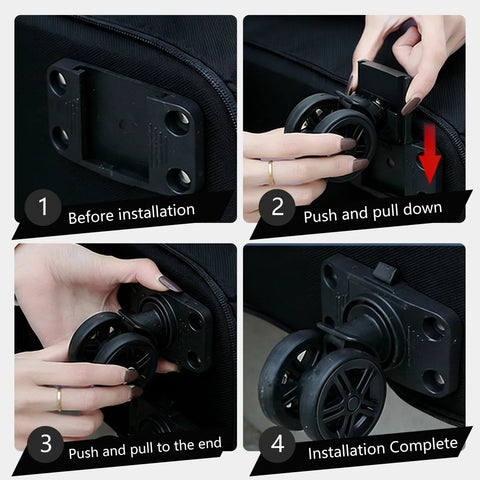 Rolling duffle bag wheel mounting plate; front view showing base plate before installation.
Close-up of hands pushing wheel into bag bracket during installation.
Close-up of axle being pulled into wheel bracket on rolling duffle bag.
Rolling duffle bag with wheels fully installed; side view.