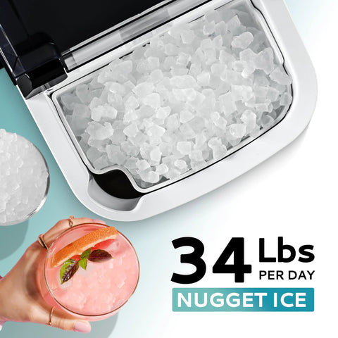 EUHOMY nugget ice maker countertop in black; ice-filled bin with a pink cocktail nearby