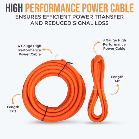 Beefy 1000W Car Amp Install Kit With 8 Gauge Power And Ground Wires Copper Clad Aluminum; orange power cables, 17ft and 4ft lengths
