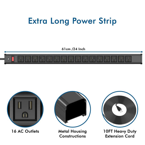 Beefy 16 Outlet Metal Power Strip With 10ft Cord Wall Mountable Garage Shop Power Strip With Switch For Workbench Industrial
