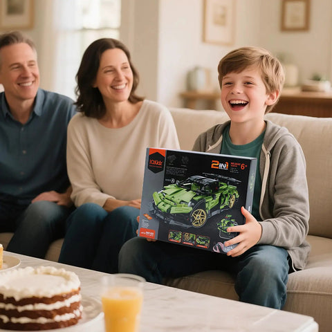 Smiling boy holding 2 In 1 Remote Control Race Car And Robot Building Kit With 429 Pieces, App Control And RC Fun, STEM Toy box