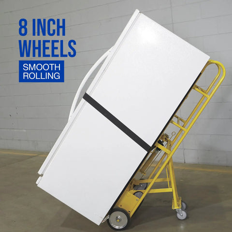 Heavy Duty Hand Truck 1200 Pound Capacity Appliance Dolly With Convertible Two Or Four Wheel Design in use with 8 inch wheels.