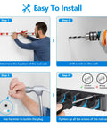 Installation guide for Vertical Wall Mounted Fishing Rod Holder Rack showing measuring, drilling, and securing steps.