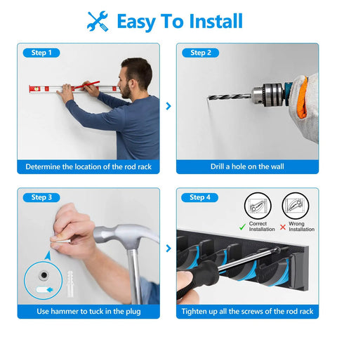 Installation guide for Vertical Wall Mounted Fishing Rod Holder Rack showing measuring, drilling, and securing steps.