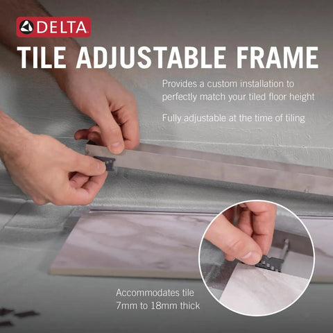 Thirty Six Inch Linear Shower Drain Wall Edge Mount In Brushed Stainless Steel With Slick Adjustable Feet Leakproof Membrane Hair Catcher And No Sweat Setup For Your Next Bathroom Upgrade Project being installed with adjustable frame.