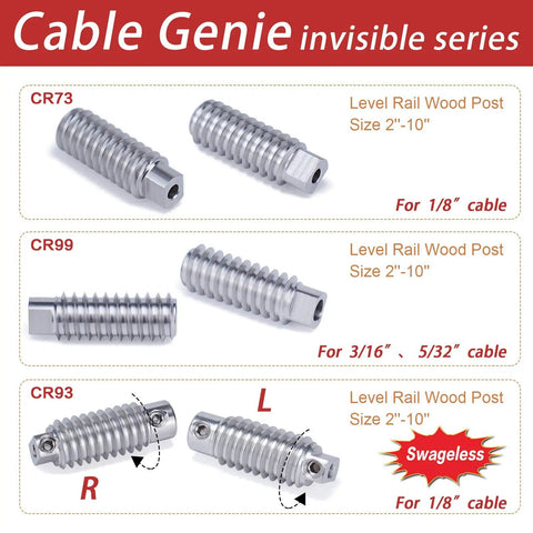 Invisible Cable Railing Kit For Wood Posts 4x4 To 8x8 One Eighth Inch Stainless Steel Swage Lag Screws, 20 Pack, product details