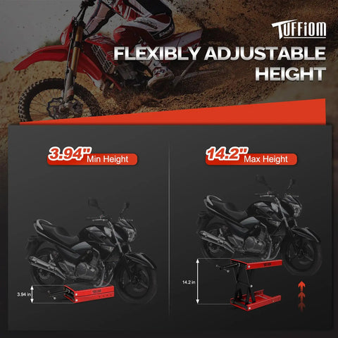 Beefy 1100 Lbs Motorcycle Scissor Lift Jack With Height Adjustable Range Rubber Top Surface And Safety Pin Foldable Center Stand