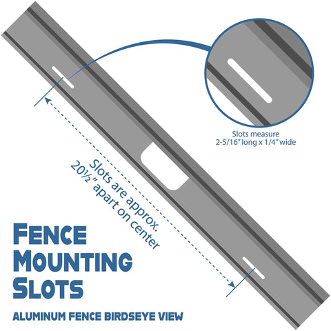 Fence mounting slots view showing dimensions and spacing for Top Shelf 32 Inch Deluxe Router Table Fence With Rock Solid Aluminum L Backer.
