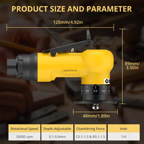 Mini Pneumatic Chamfering Tool With Ten C And Ten R Blades Steel Beveler Machine dimensions showing size parameters.