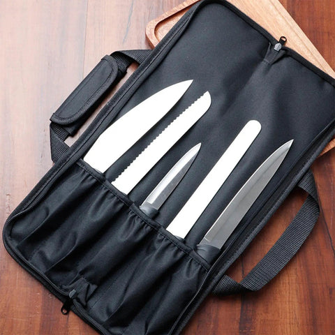 Open view of Roll Up Knife Bag Case With Zippered Pouch For Secure Knife Transport Camping Kitchen Gear in red with knives inside.