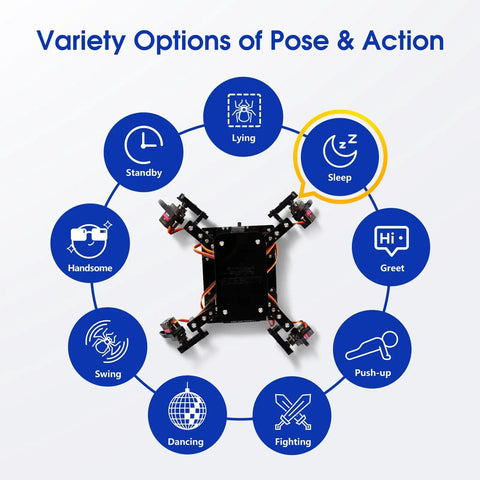 ESP8266 Spider Robot Building Kit with app remote control showing pose options like sleep and dancing for STEM learning.