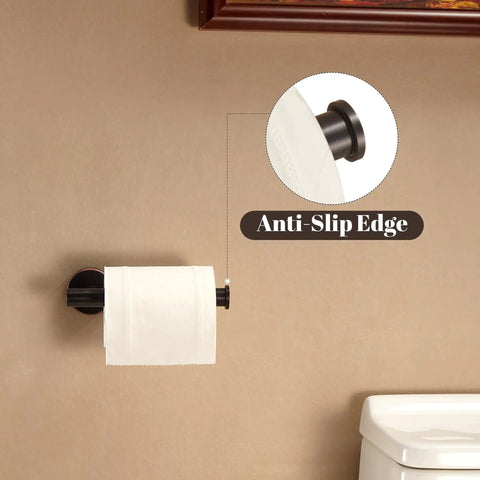 Wall-mounted oil rubbed bronze toilet paper holder with anti-slip edge, part of the two-piece bath accessory set.