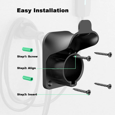 Easy installation guide for Slick Wall Mount EV Charger Holder For J1772 Plugs And Connectors with screws and components.