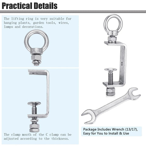 Beefed Up 304 Stainless Beam Clamps With M10 Ring Screw and wrench, showing adjustable rust-resistant I Beam Clamps.