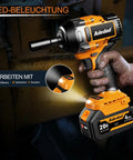 Pro Grade Cordless Impact Wrench Featuring 1000Nm Half Inch Drive And 20V Battery in use with LED light for visibility.