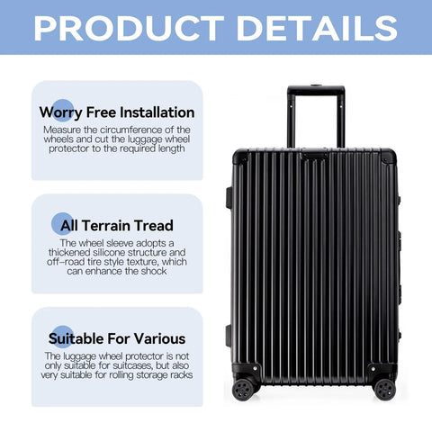 Silicone Luggage Wheel Covers 8 Pack Noise Reducing Shock Absorbing Wheel Protectors Universal Fit shown on suitcase