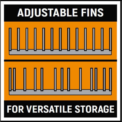 Diagram showing adjustable fins of Adjustable Plier Rack Tool Organizer With 12 Customizable Compartments For Easy Vertical Pliers Storage.