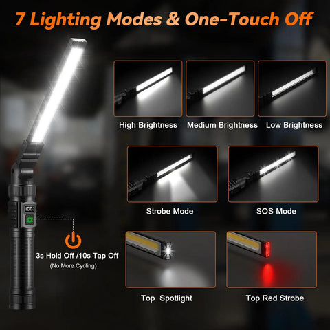 2 Pack Magnetic LED Work Lights demonstrating 7 lighting modes including high, medium, low brightness, and SOS mode.