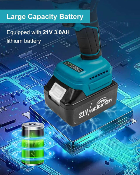 BOQNZN Cordless Rivet Gun Kit With Dual Rechargeable Batteries And Fast Charger showing 21V 3.0AH lithium battery on electronic circuit background.