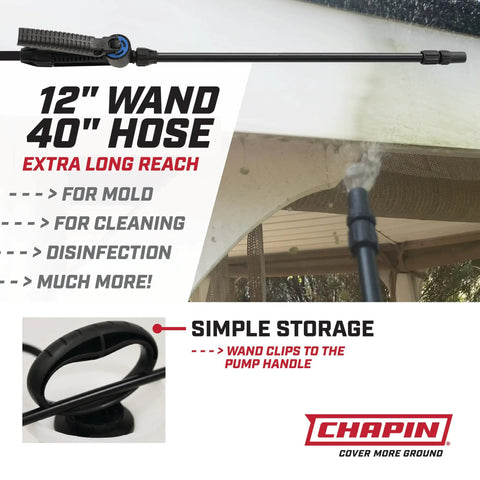 One Gallon Bleach Sprayer For Lawn And Garden Yard Work With Bleach Resistant Poly Tank Funnel Top Anti Clog Filter Adjustable Cone Nozzle 40 Inch Hose Ideal For Cleaning Mold And Disinfecting Outdoor Surfaces shown with 12 inch wand and simple storage feature