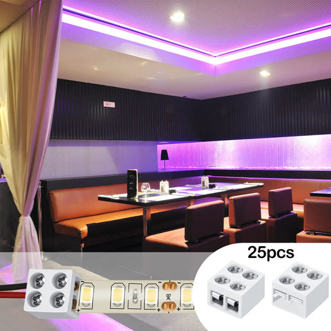 25 Pack Solderless 2 Pin LED Tape Light Connectors Screw Down Terminal Block Tape To Wire For 5V 12V 24V shown in use with purple lighting