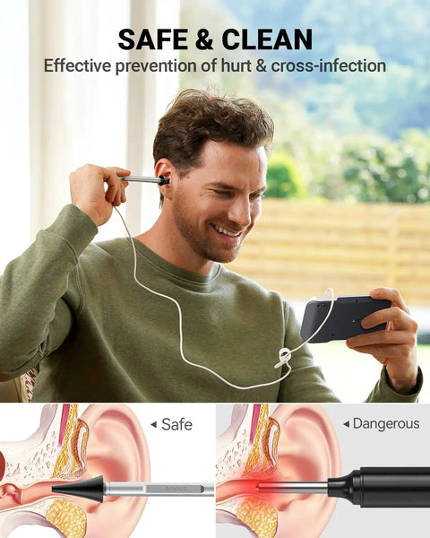 Digital Ear Otoscope With Gyroscope And 4.5 Inch Screen, 3.9mm Inspection Camera With Six LED Lights For Easy Ear Wax Removal, 32GB Card, Snap Photos And Record Videos, Your Own Ear Doctor At Home Checkup, man using ear scope