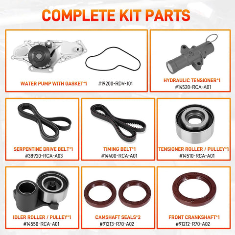 Engine Timing Belt Kit With Water Pump For Honda Accord Crosstour Pilot Odyssey Ridgeline And Acura MDX RDX RL TL TSX ZDX V6 3.0L 3.2L 3.5L 3.7L Replaces TCKWP329 Beef Up Your Ride, showing parts layout with labeled components