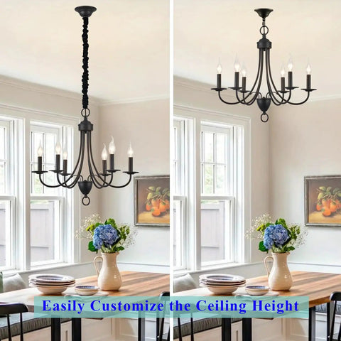 Six Light Black Farmhouse Chandelier With Industrial Modern Vibe Candle Style Hanging Light Fixture in dining room
