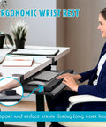 Big Ergonomic C Clamp Keyboard Tray With Slide Out Platform Under Desk And No Tool Setup Pull Out Keyboard And Mouse Tray With Built In Wrist Rest For Home Or Office 27.5 Inch Platform 31.8 With Clamps Black in use with ergonomic wrist rest.
