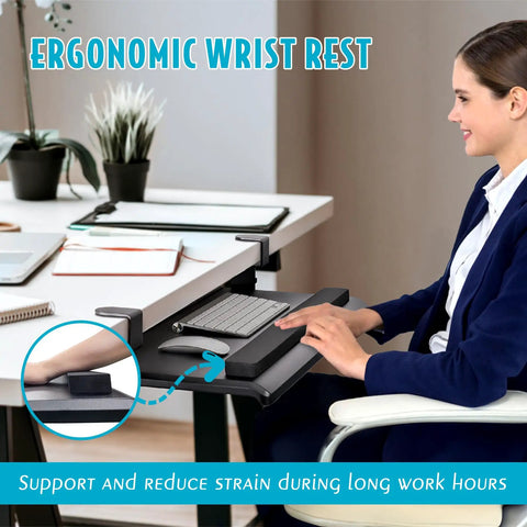 Big Ergonomic C Clamp Keyboard Tray With Slide Out Platform Under Desk And No Tool Setup Pull Out Keyboard And Mouse Tray With Built In Wrist Rest For Home Or Office 27.5 Inch Platform 31.8 With Clamps Black in use with ergonomic wrist rest.