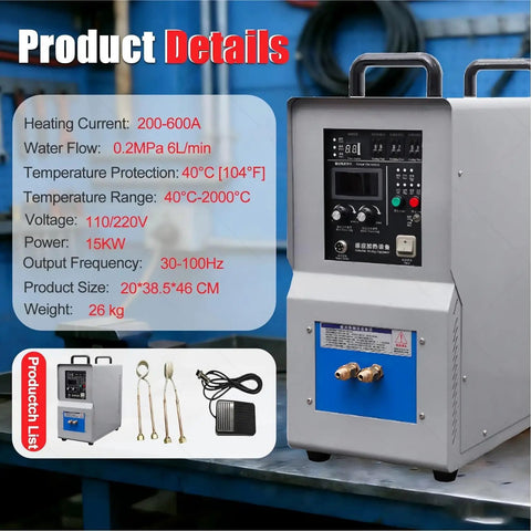 Heavy Duty 15Kw Induction Heater Furnace With Smooth Water Cooling And Smart Overload Protection displayed showing specifications and parts.