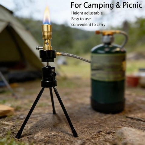 Propane Bunsen Burner With Adjustable Tripod And Air Intake For Lab Heating, Campouts, Picnics, Travel And Light Gas Welding, Durable All Metal Build With Brass Top And 15 Inch Stainless Braided Hose, Tank Not Included