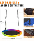 40 Inch Saucer Tree Swing For Kids Outdoor Fun With Waterproof Textilene Fabric Easy Assembly 500 Lb Weight Capacity Multicolor Backyard Playground Swing With Adjustable Ropes And Hanging Kit details, ropes and metal frame visible