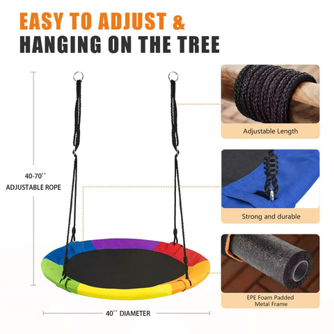 40 Inch Saucer Tree Swing For Kids Outdoor Fun With Waterproof Textilene Fabric Easy Assembly 500 Lb Weight Capacity Multicolor Backyard Playground Swing With Adjustable Ropes And Hanging Kit details, ropes and metal frame visible