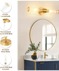 Solid Gold Battery Operated Wall Sconces Set Of Two Dimmable Rechargeable Modern Brushed Metal With Tempered Glass Shade For Soft Ambient Lighting That Gives Off Great Home Vibes Everyday above a circular mirror.
