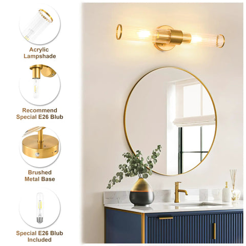 Solid Gold Battery Operated Wall Sconces Set Of Two Dimmable Rechargeable Modern Brushed Metal With Tempered Glass Shade For Soft Ambient Lighting That Gives Off Great Home Vibes Everyday above a circular mirror.