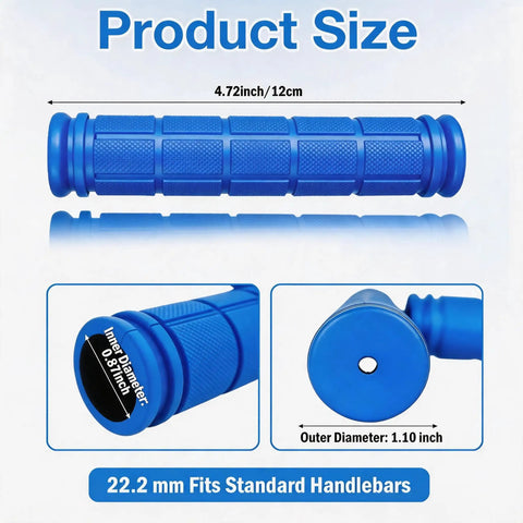2 Pairs Soft Rubber Mushroom Style Bicycle Handlebar Grips For BMX, Road, And Mountain Bikes Blue, size dimensions shown.