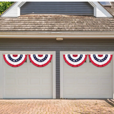 American Pleated Flag 3x1.5 Ft Half Fan Bunting Set Of 4 for porch decoration on garage with red, white, and blue colors.