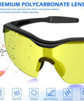 Heavy-Duty 24 Haul Of Safety Glasses With Yellow Tint Lenses And Sturdy Black Temples ANSI Z87 Marked UV Blocker detailed view with protective lens.