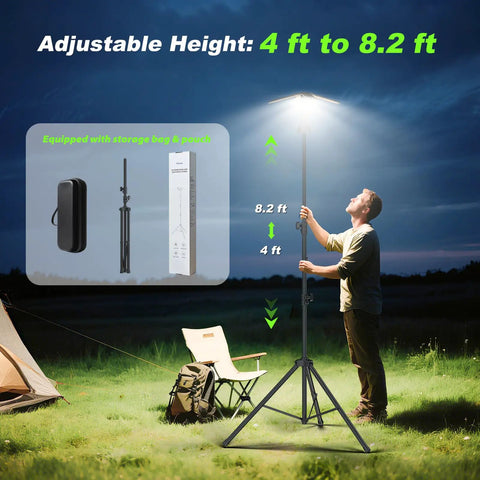 Man adjusting Rechargeable Camping Lantern With Remote And Eight Point Two Foot Stand lighting up camping area at night