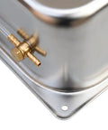 Close-up of Heavy Duty 7 Liter Stainless Steel Fuel Tank For Gasoline Engines, 304 stainless with brass fittings, corner view.