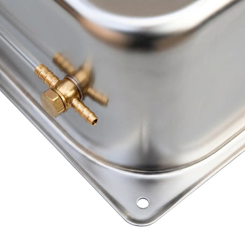 Close-up of Heavy Duty 7 Liter Stainless Steel Fuel Tank For Gasoline Engines, 304 stainless with brass fittings, corner view.