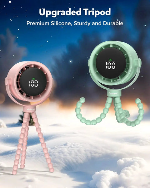 Rechargeable Clip On Baby Stroller Fan with Five Speeds, LED Display, 360 Degree Pivot, silicone tripod in pink and green.