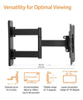 Built Tough Full Motion TV Wall Mount With Effortless Swivel And Tilt Angles For Twenty Six To Fifty Five Inch Screens Handling Up To Eighty Pounds showing adjustable arm length and tilt range.